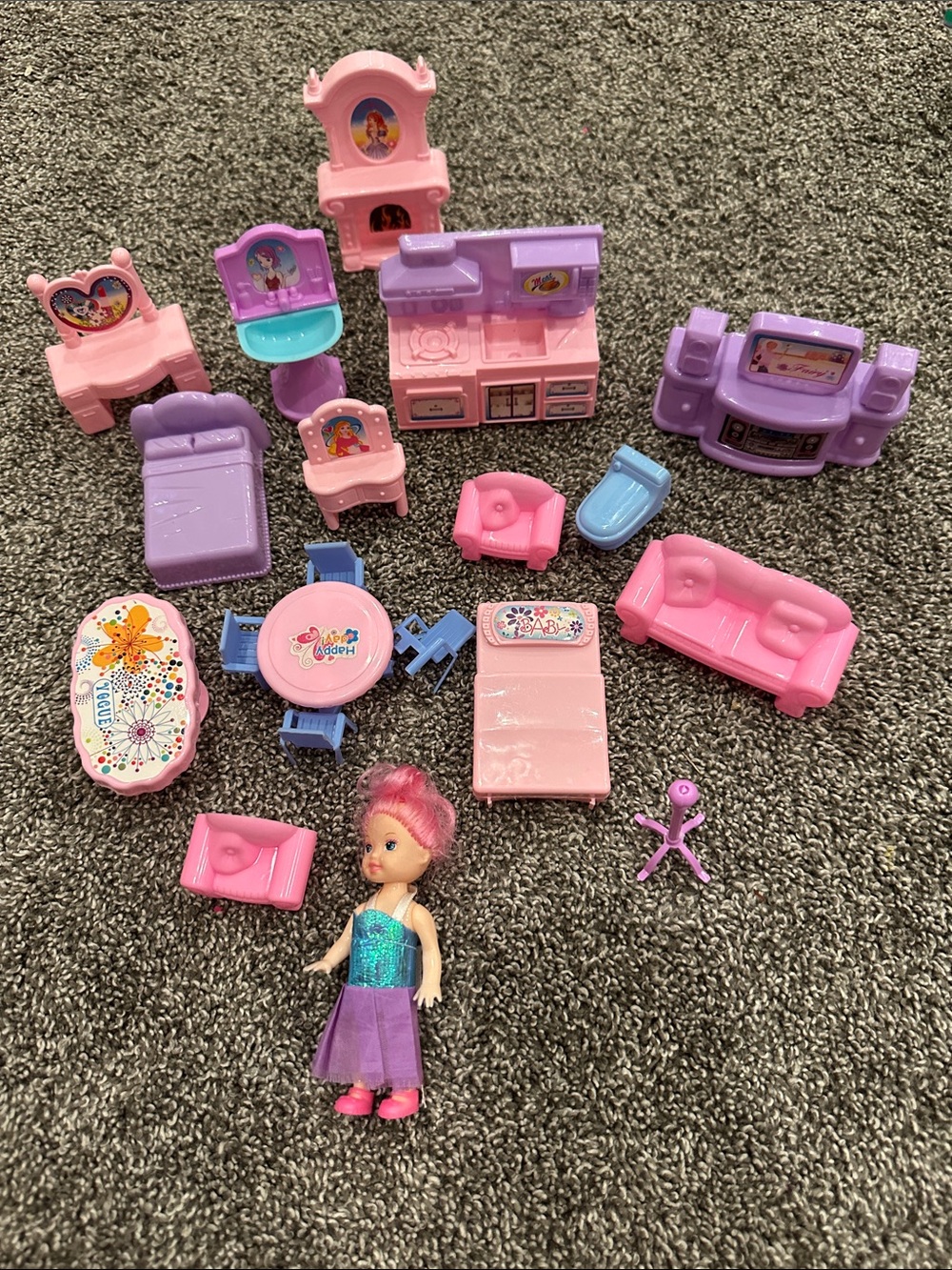 Kids Dollhouse Furniture Set - Pink & Purple Play Accessories